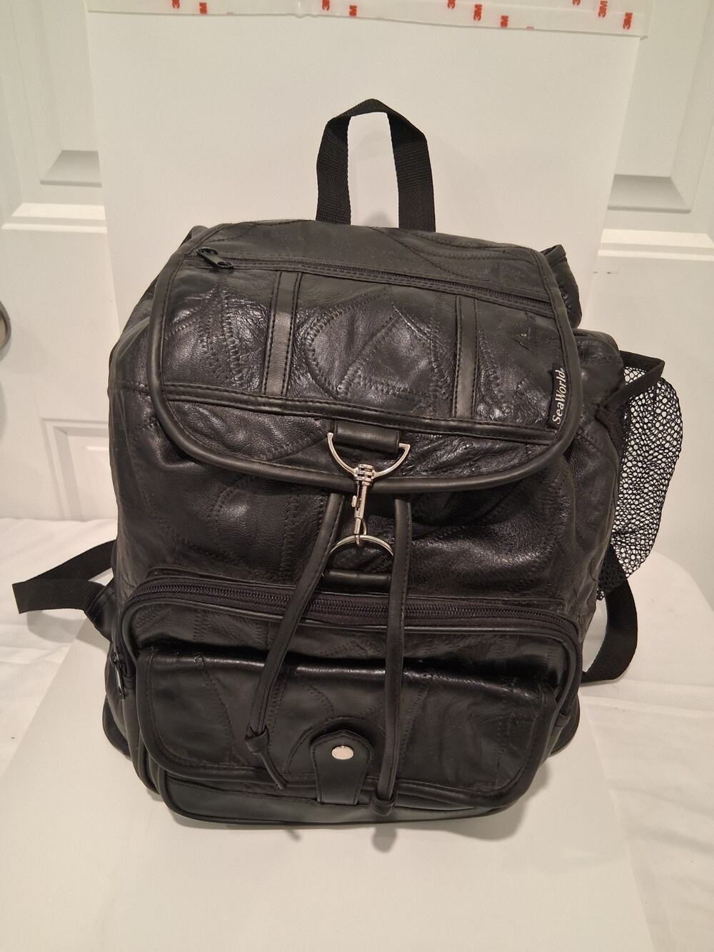 Vtg SeaWorld Black Leather Patchwork Backpack Drawstring Theme Park Souvenir
